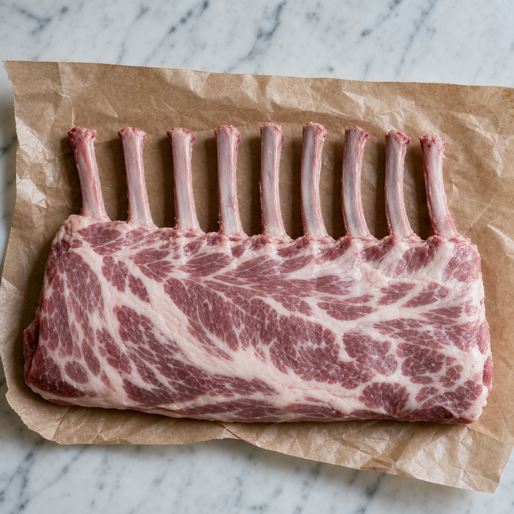 Rauw Iberico rack met botjes op bakpapier, klaar voor BBQ of oven