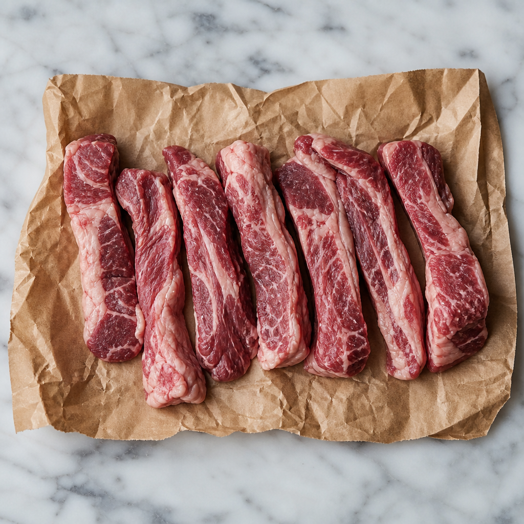 Rauwe Iberico ribfingers op bruin bakpapier op een marmeren ondergrond