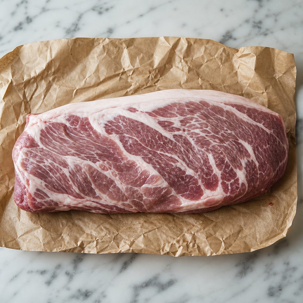 Rauwe Iberico rugfilet op bruin papier, met fijne vetmarmering en een gelijkmatige, dikke snit