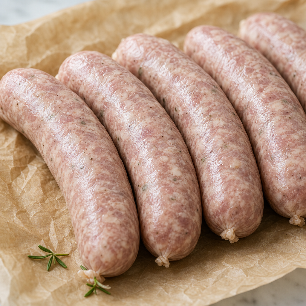 Vier rauwe Iberico saucijzen op bakpapier met rozemarijn