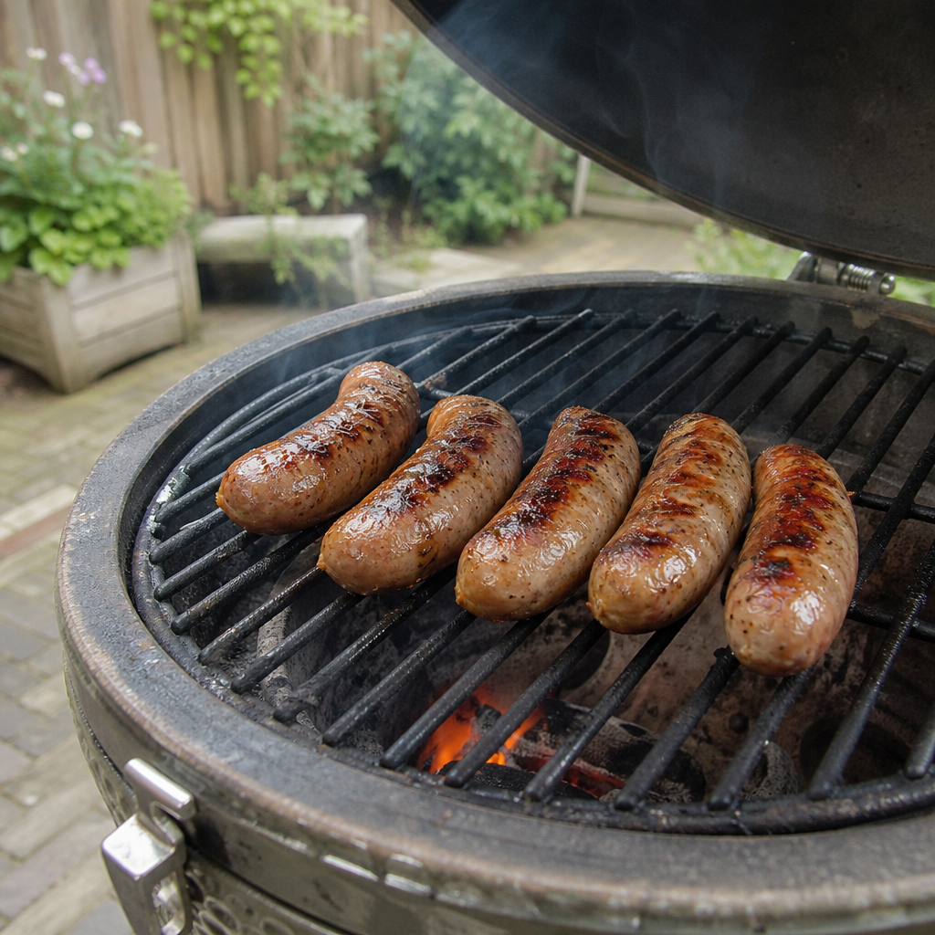Vijf Iberico saucijzen op de barbecue, licht gegrild en glanzend