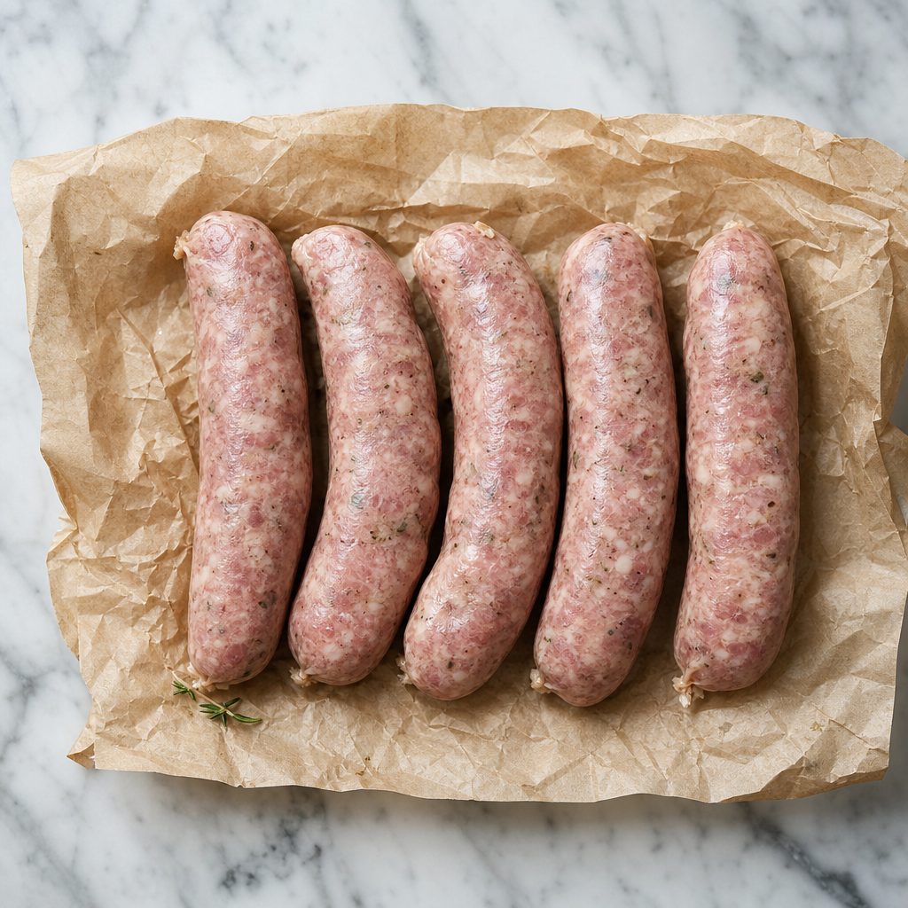 Vijf rauwe Iberico saucijzen op bakpapier