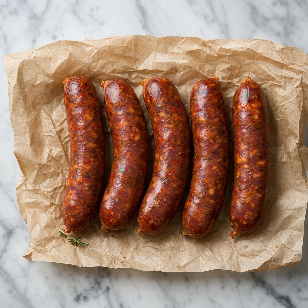 Vijf rauwe, gekruide Iberico saucijzen op bakpapier