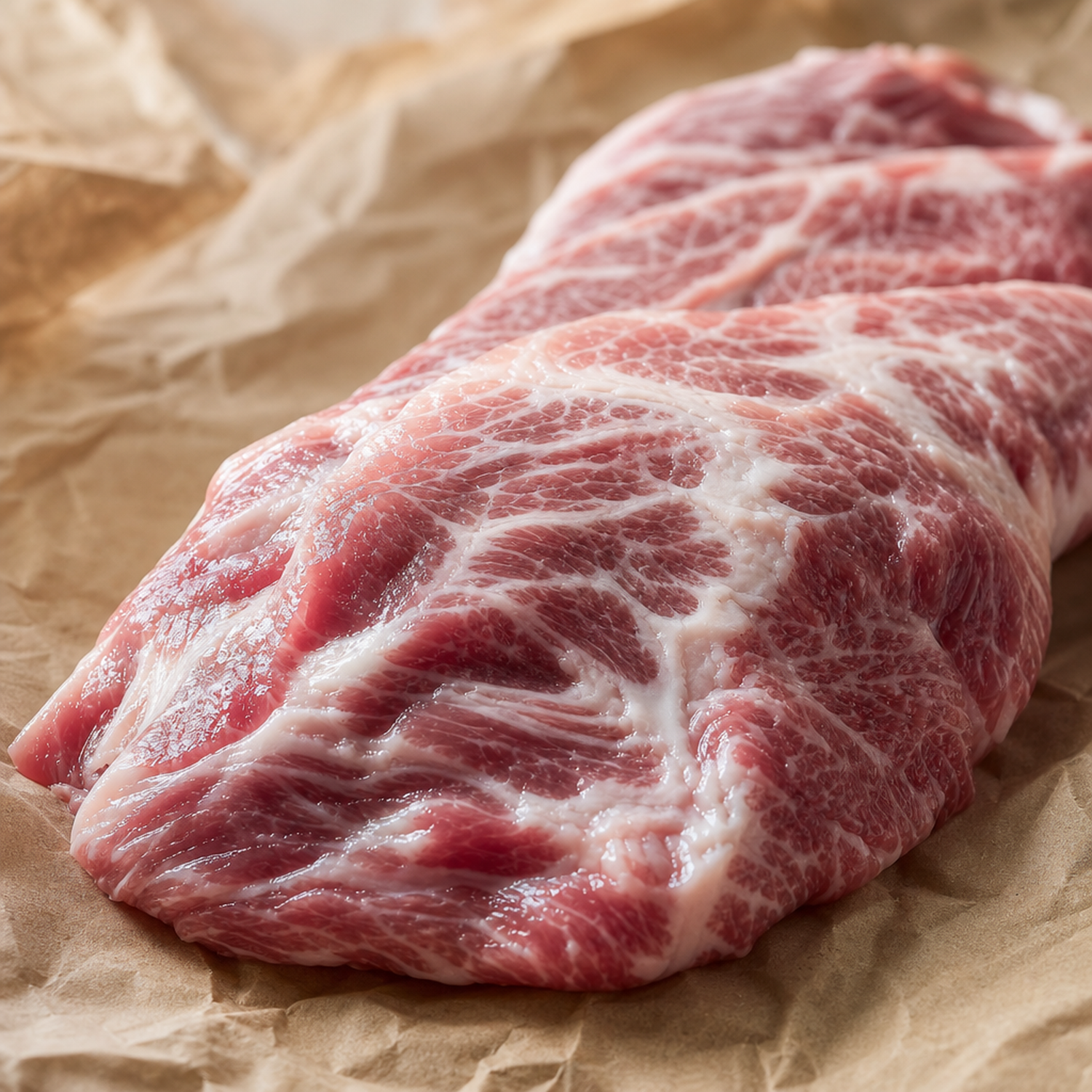 Rauw Iberico secreto met fijne vetdooradering op bruin papier