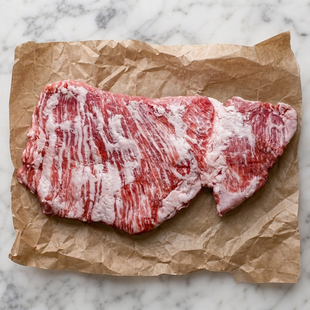 Rauw Iberico secreto met fijne vetdooradering op bruin papier