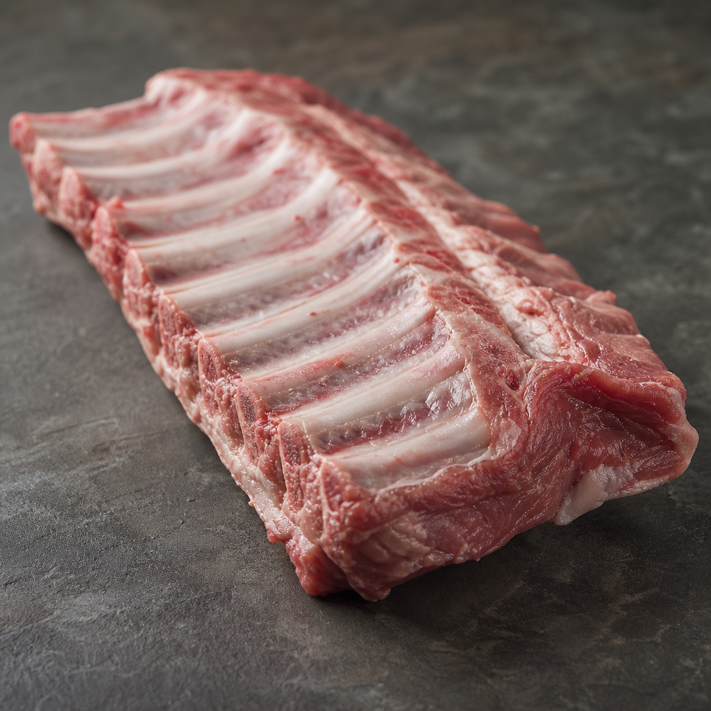 Rauwe Iberico spareribs op donkere ondergrond, met zichtbare ribben en vetdooradering