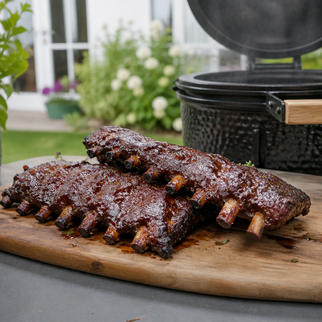Geglazuurde Iberico spareribs op een houten plank naast een gesloten barbecue