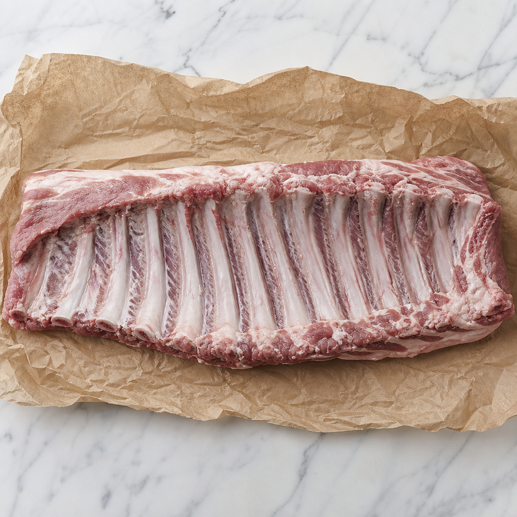 Rauwe Iberico spareribs op bakpapier, met zichtbare ribben en vetdooradering