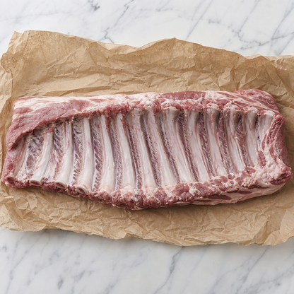 Rauwe Iberico spareribs op bakpapier, met zichtbare ribben en vetdooradering