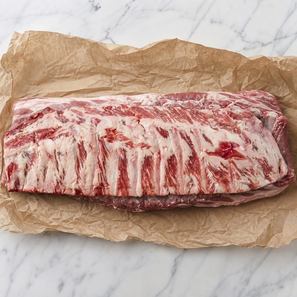 Rauwe Iberico spareribs op bakpapier, met zichtbare ribben en vetdooradering