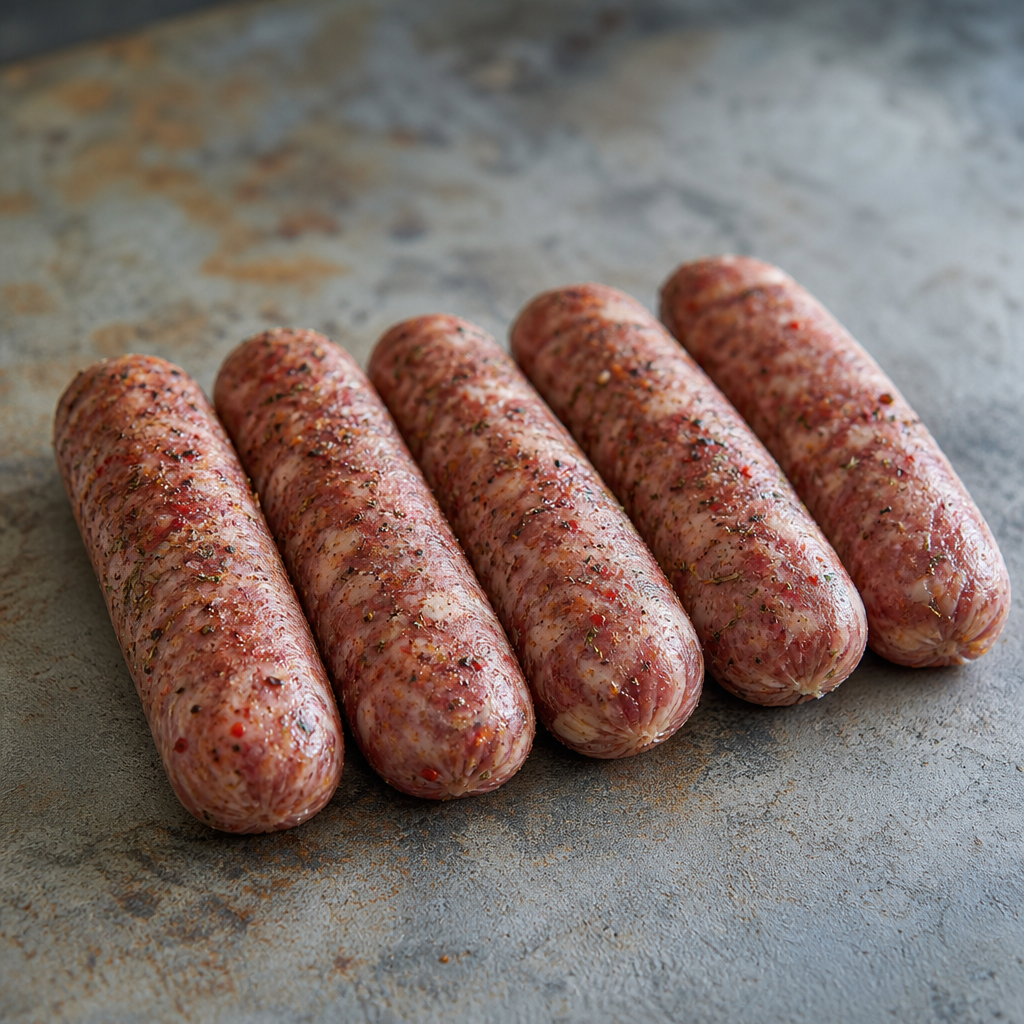 Vijf rauwe jalapeño BBQ worsten naast elkaar op een grijze ondergrond