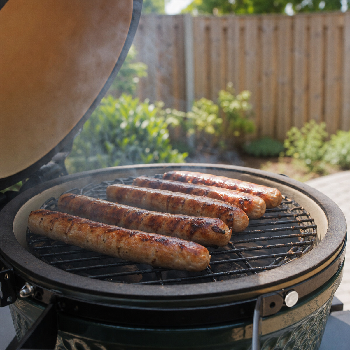 Vijf gegrilde jalapeño BBQ worsten op een open barbecue