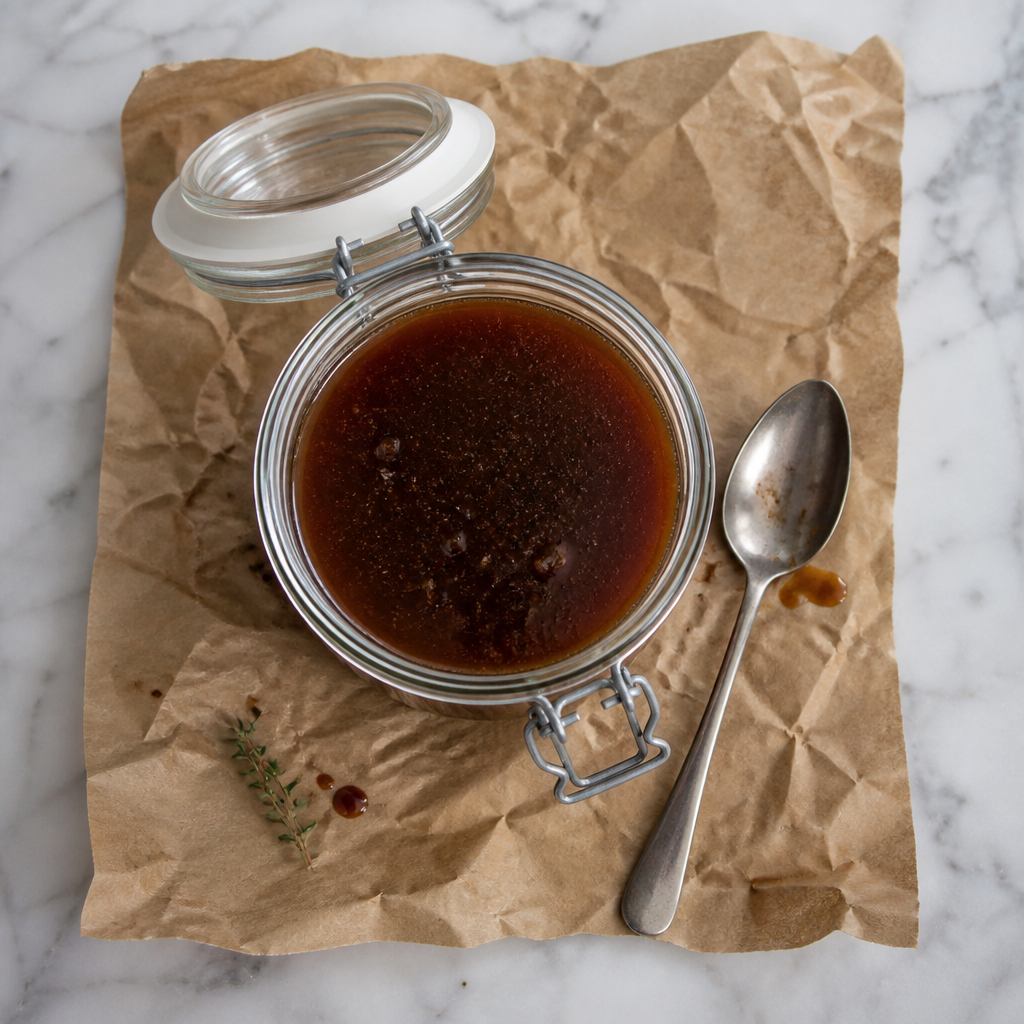 Open glazen pot met donkere kalfsjus, naast een lepel op bruin papier