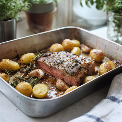 Geroosterde kalfsbiefstuk met krieltjes, knoflook en rozemarijn in ovenschaal
