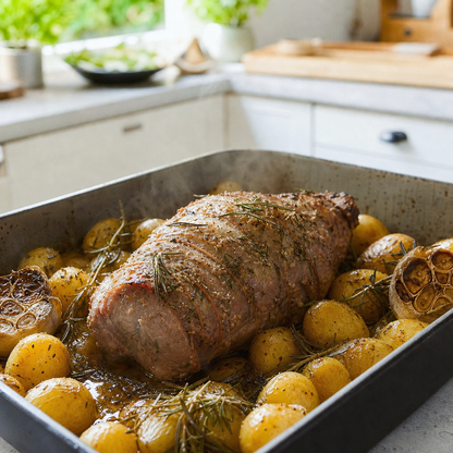 Geroosterde kalfsentrecote in braadslede met aardappeltjes, rozemarijn en knoflook