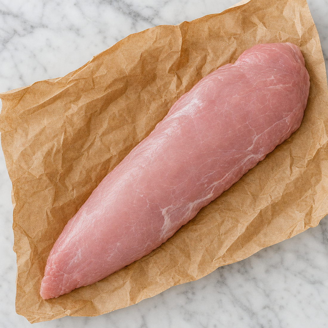 Rauw kalfs haas op bruin papier, langgerekt en mals vlees op een lichte marmeren ondergrond