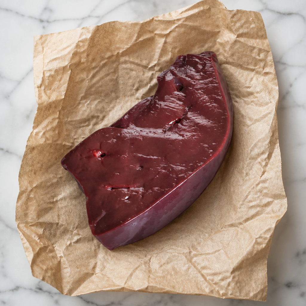 Rauw kalfslever op bruin papier, met glanzend donkerrood oppervlak en afgevlakte snede