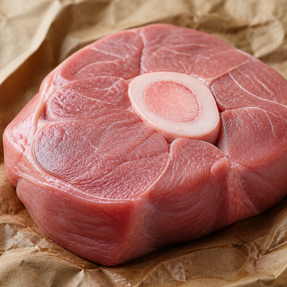 Rauwe kalfs ossobuco schijf met beenmerg, schuin van boven op bakpapier