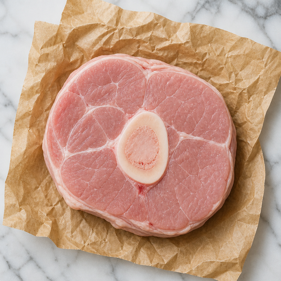 Rauwe kalfs ossobuco schijf met beenmerg, plat op bakpapier op marmeren ondergrond