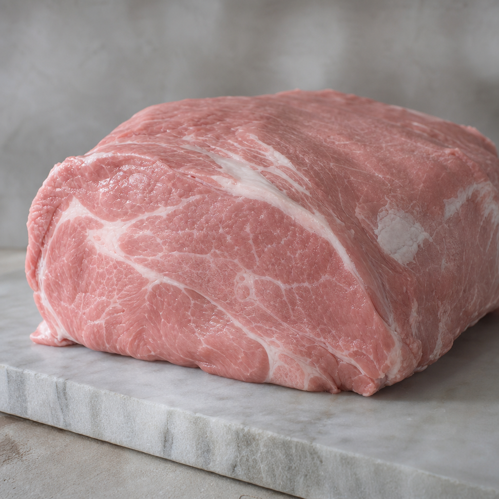 Heel kalfs rib-eye met fijne vetdooradering, liggend op een marmeren ondergrond