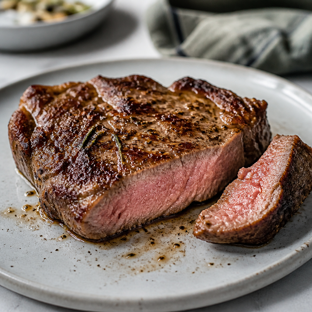 Gegaarde kalfs rib-eye steak met rosé kern op bord, met een aangesneden stukje