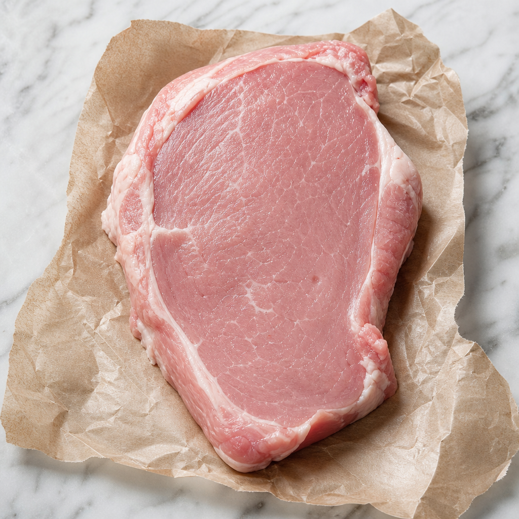 Rauwe kalfs rib-eye steak met lichte vetdooradering op bakpapier