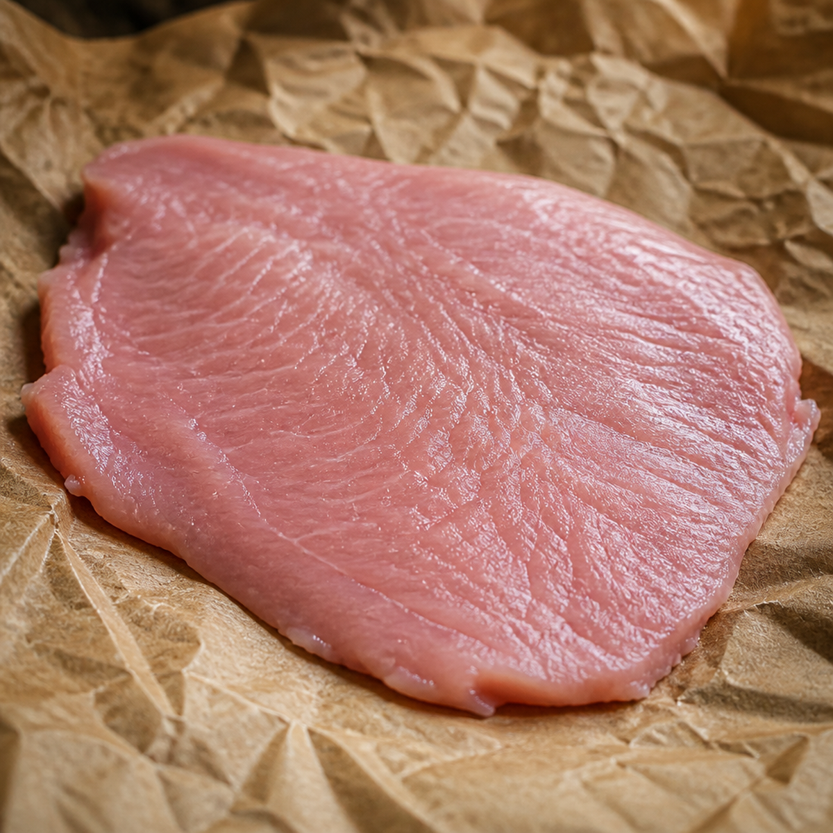 Rauw kalfs schnitzel op bruin bakpapier, close-up