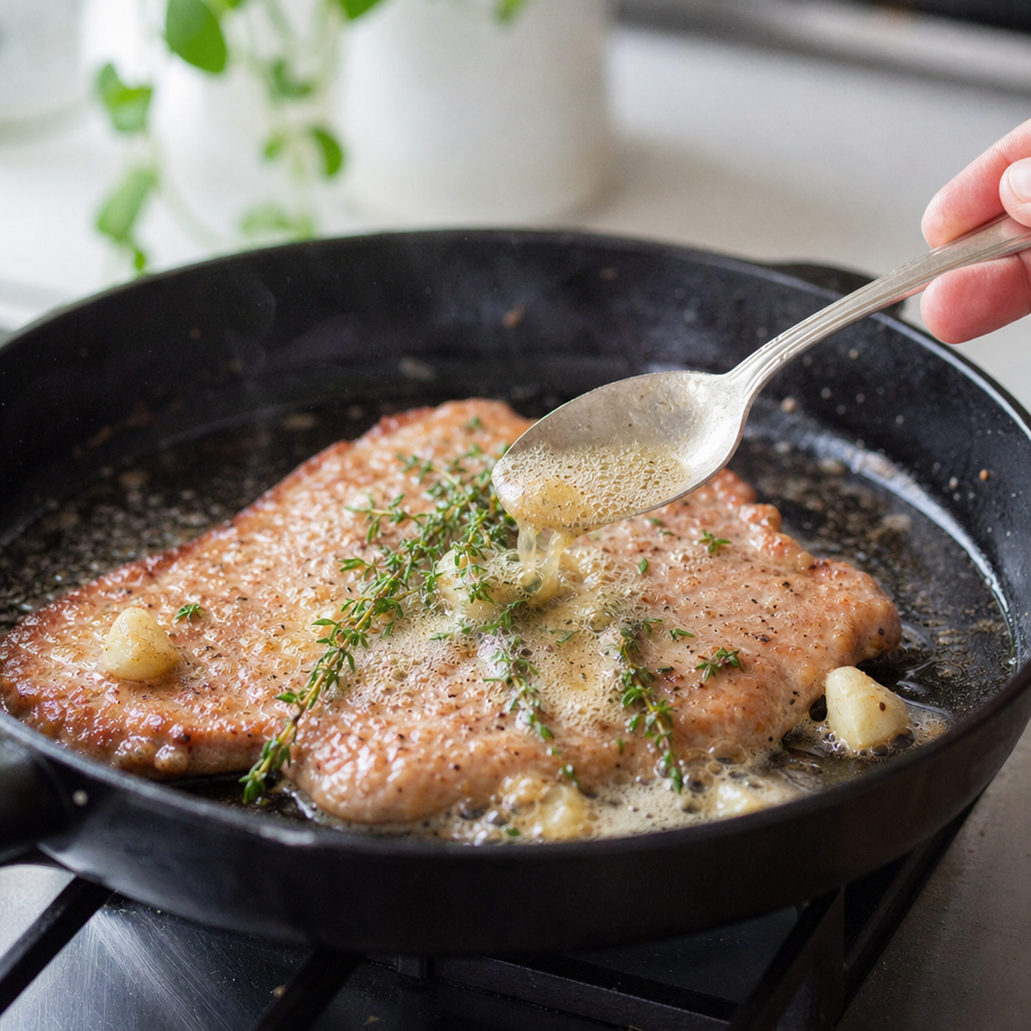 Gebakken kalfs schnitzel in koekenpan met boter, knoflook en tijm