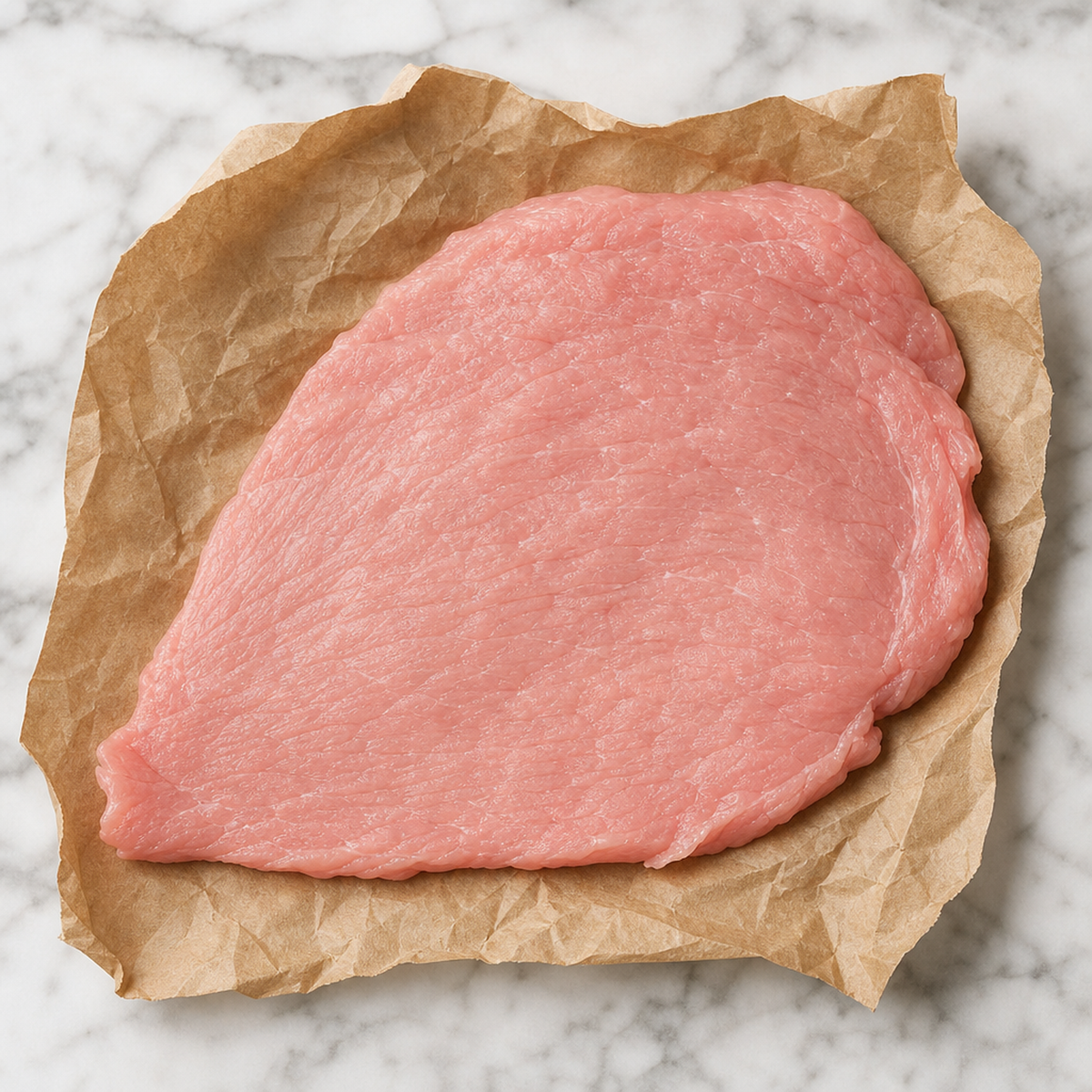 Dun gesneden kalfs schnitzel op bruin papier, bovenaanzicht