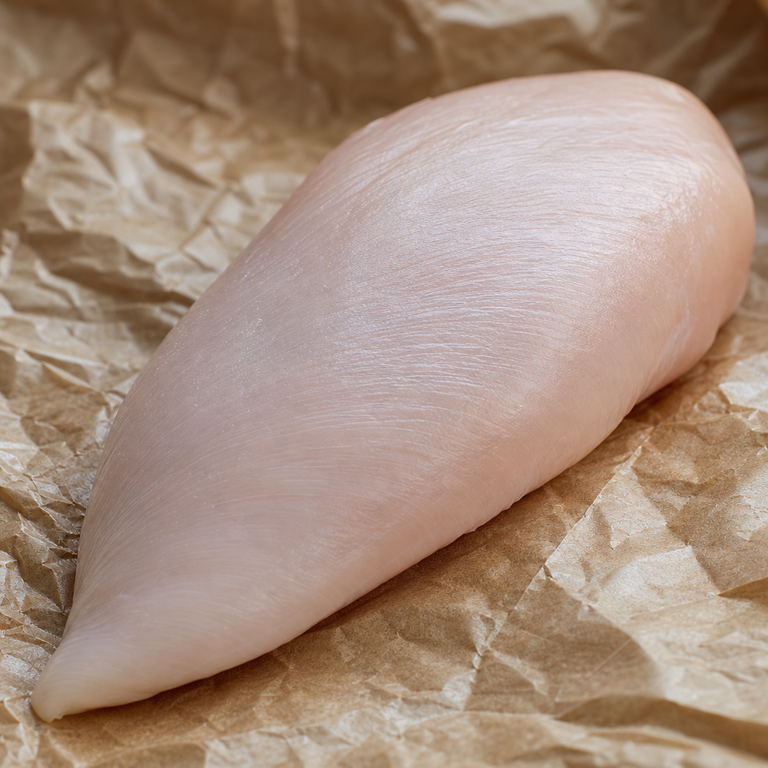 Rauwe kipfilet op bruin papier, schuin van boven