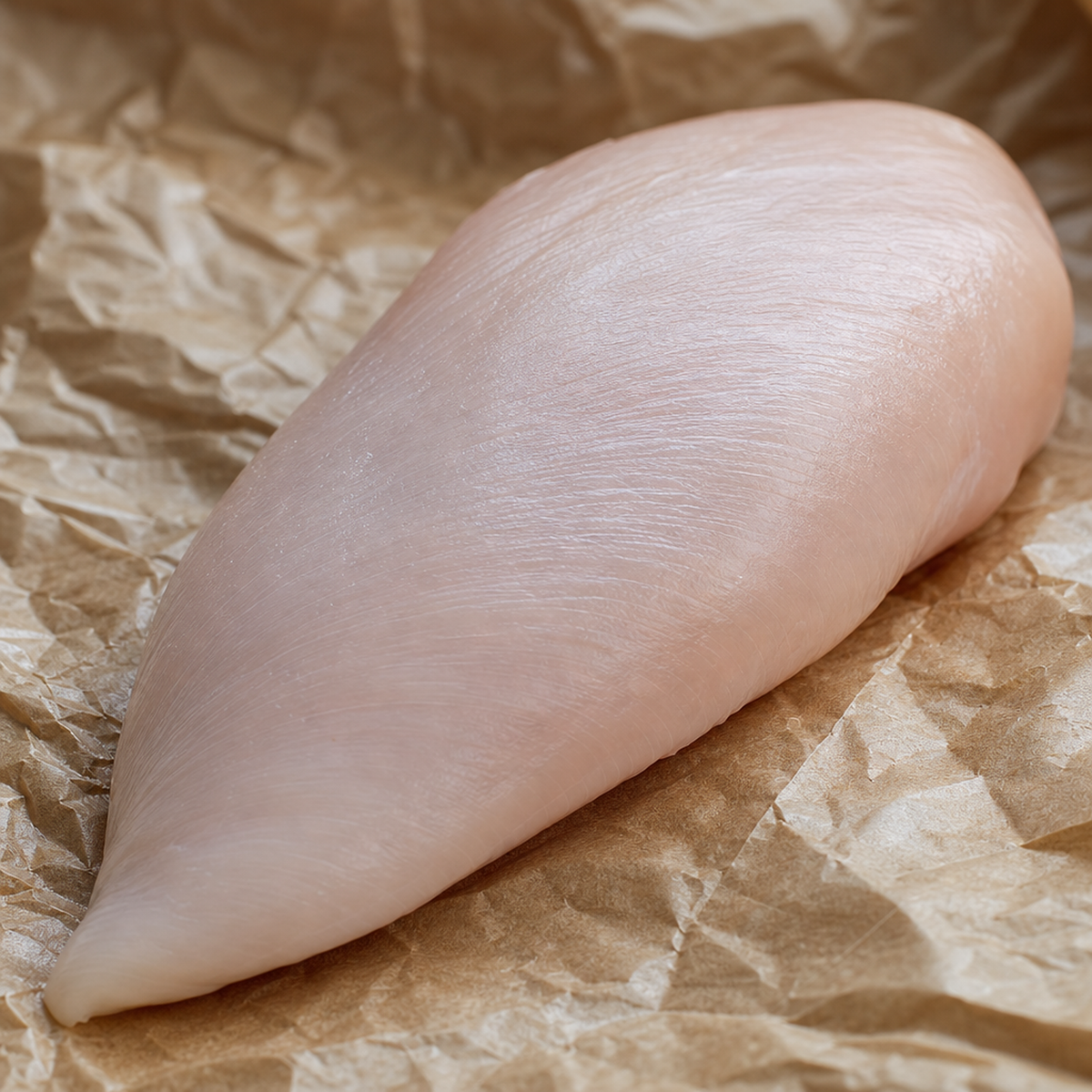 Rauwe kipfilet op bruin papier, schuin van boven