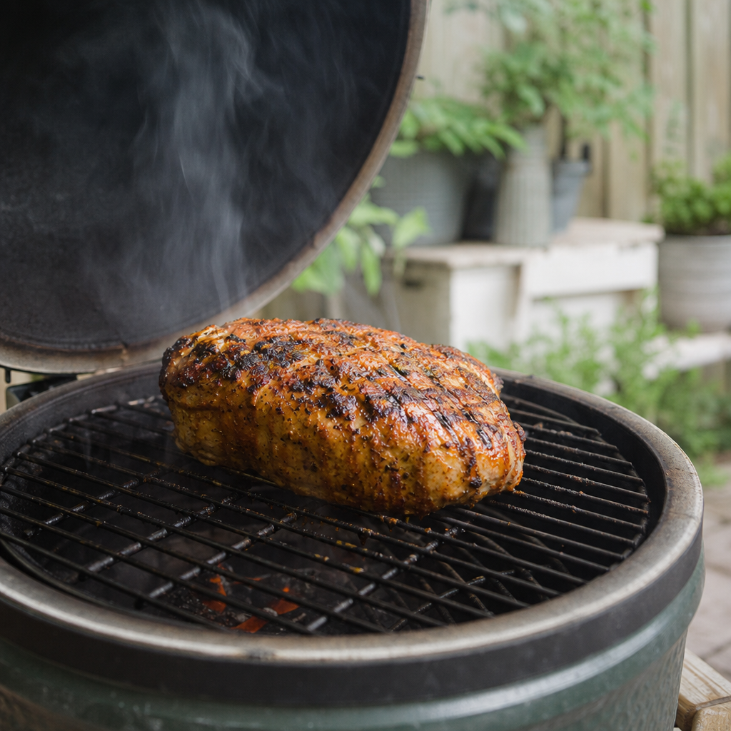 Gekruide kipfilet op de barbecue, goudbruin gegrild op het rooster