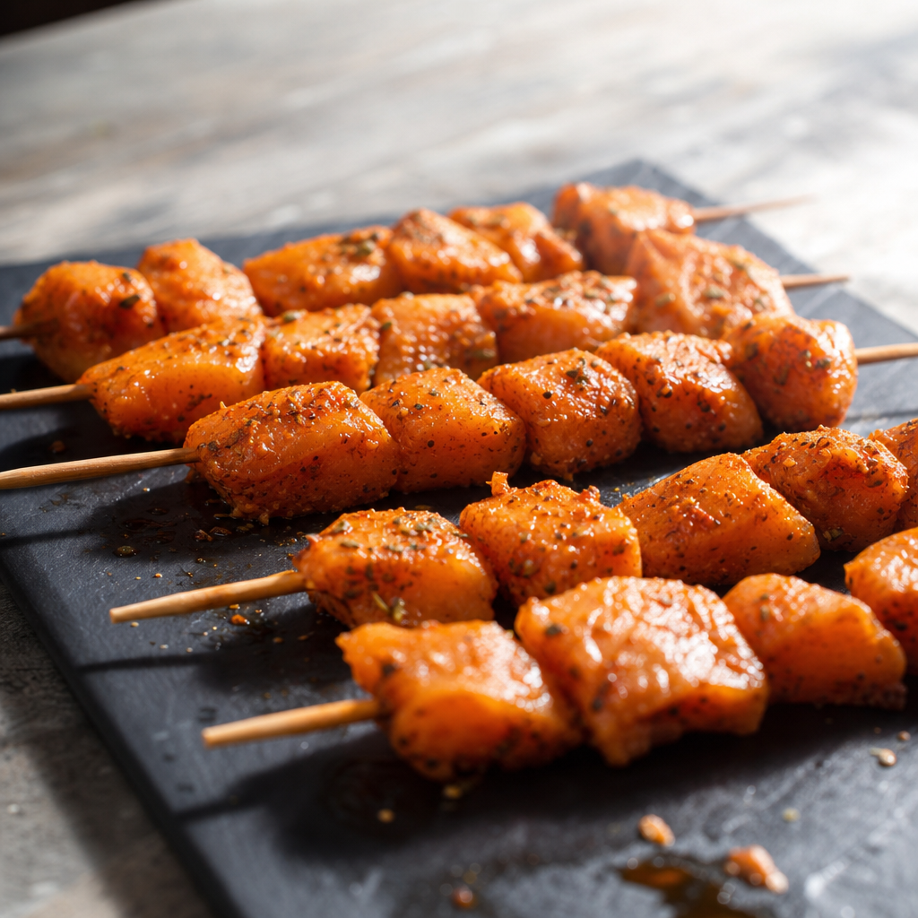 Gekruide kipfilet satéspiesen op een donkere plaat, klaar om te grillen