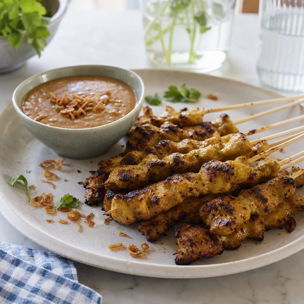 Geroosterde kipfilet satéspiesen met pindasaus en gebakken uitjes op een bord