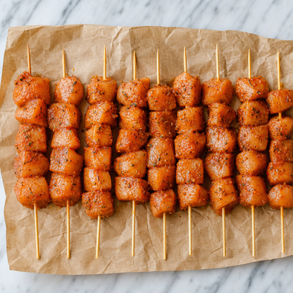 Rij van gekruide kipfilet satéspiesen op bakpapier, klaar om te grillen