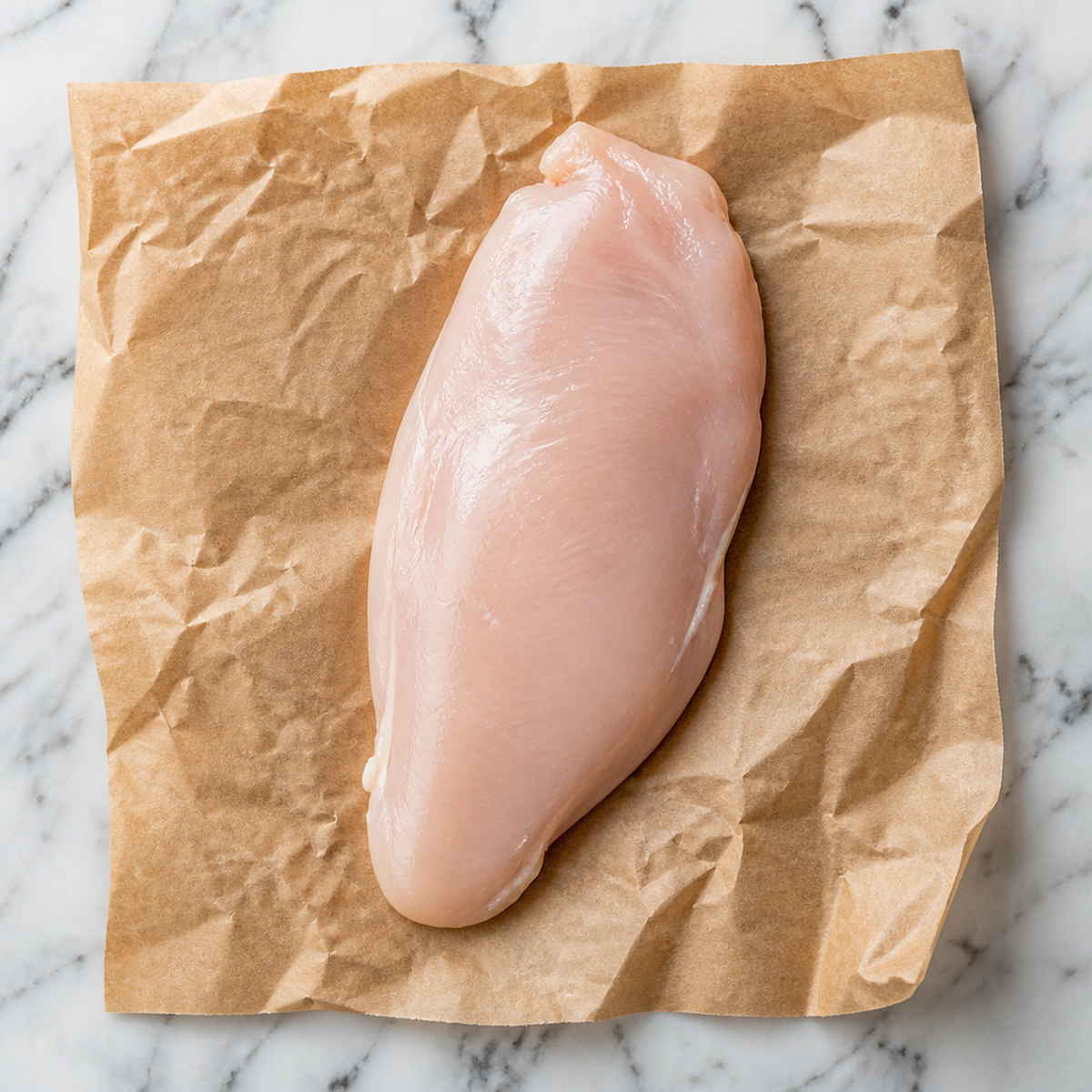 Rauwe kipfilet op bruin papier, bovenaanzicht