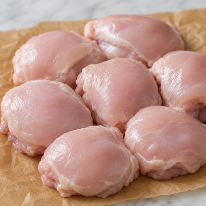 Rauwe kipdijfilets op bakpapier, close-up van boven