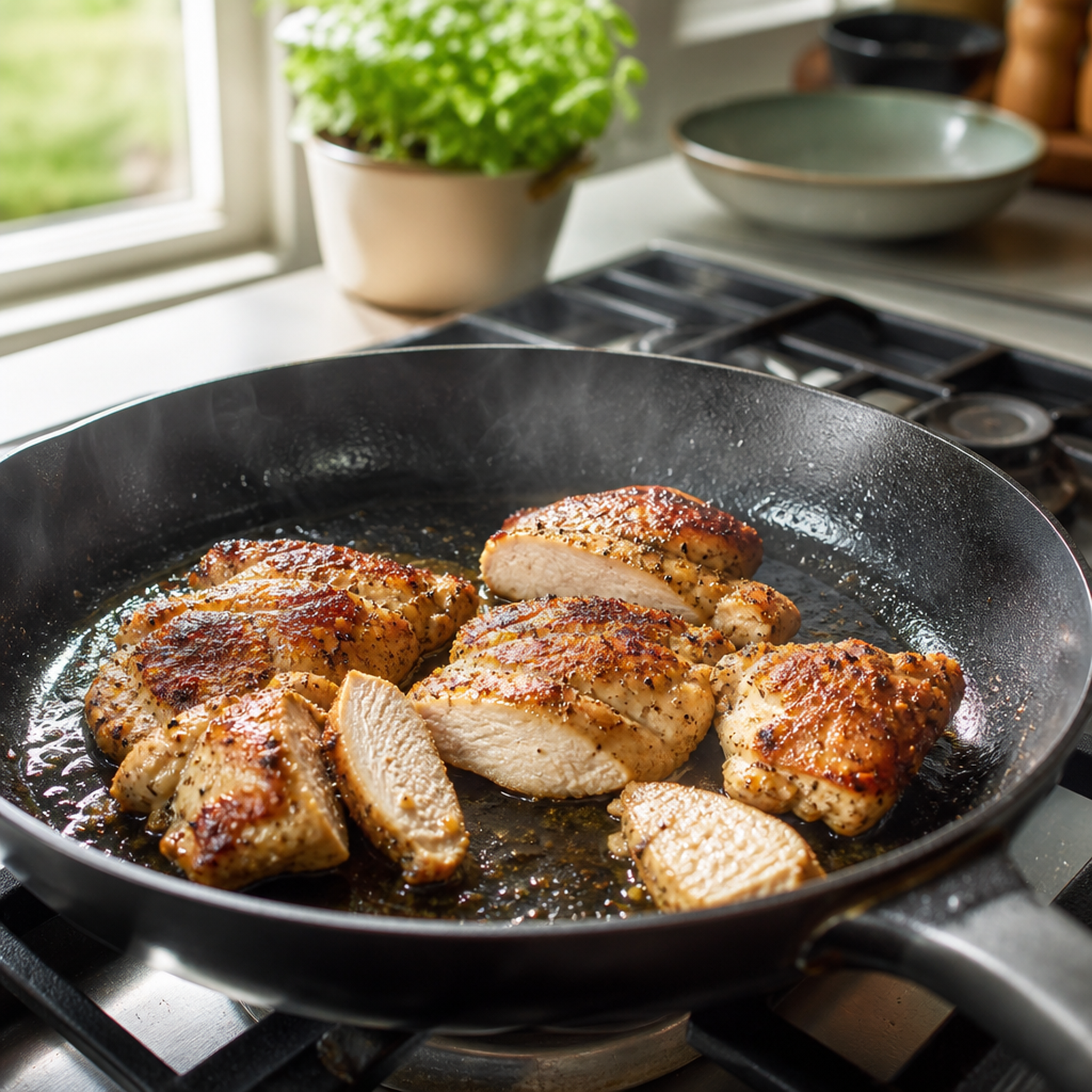 Goudbruin gebakken kipdijfiletstukken in een koekenpan op het fornuis