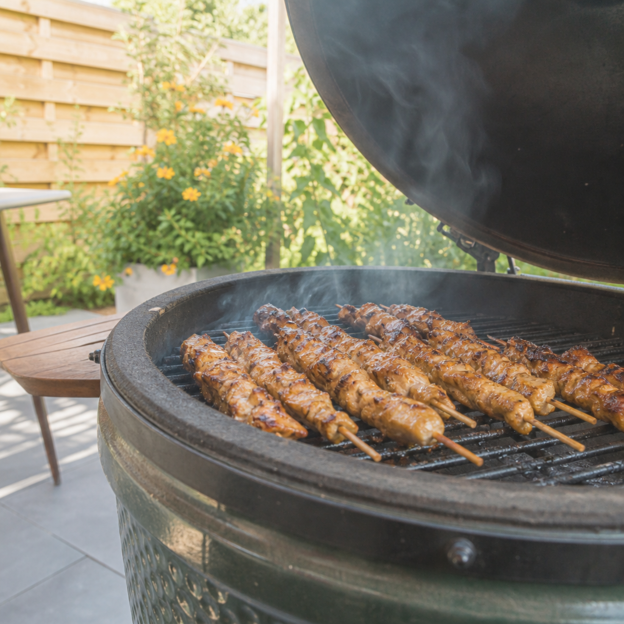 Gegaarde kipdij satéspiesen op een barbecue, licht gegrild en goudbruin