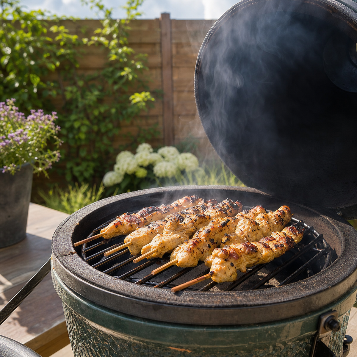 Gekruide kipdijsaté op spiesjes op de barbecue, licht gegrild en goudbruin