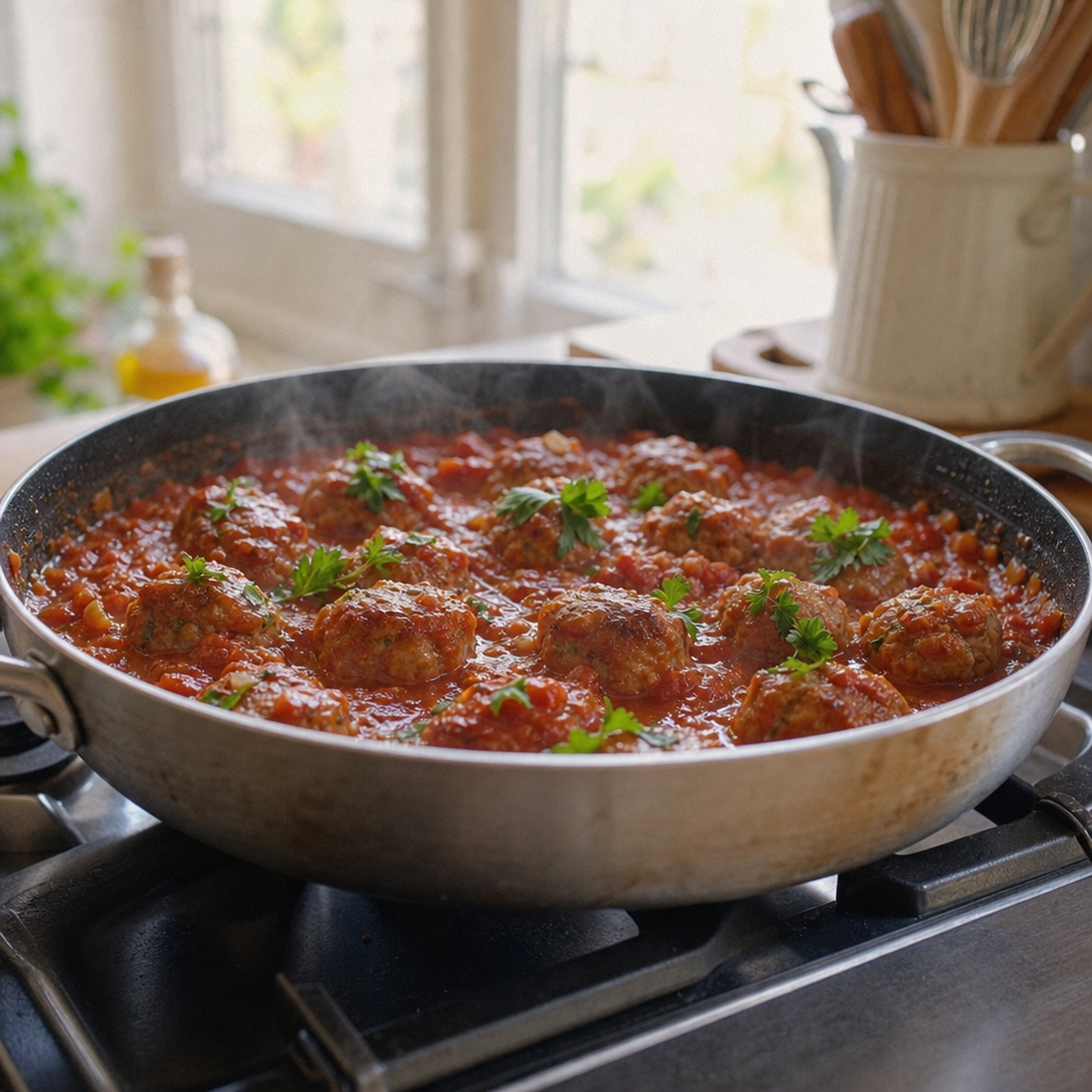Kipgehaktballetjes in tomatensaus in een koekenpan op het fornuis