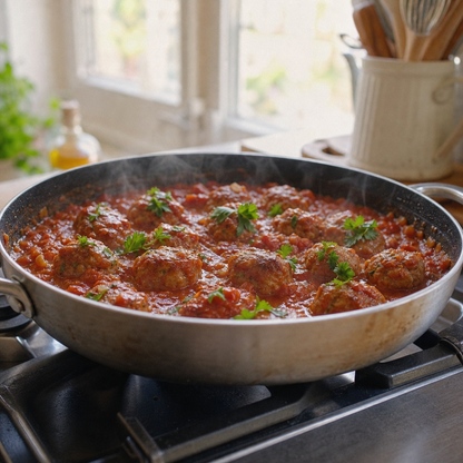 Kipgehaktballetjes in tomatensaus in een koekenpan op het fornuis