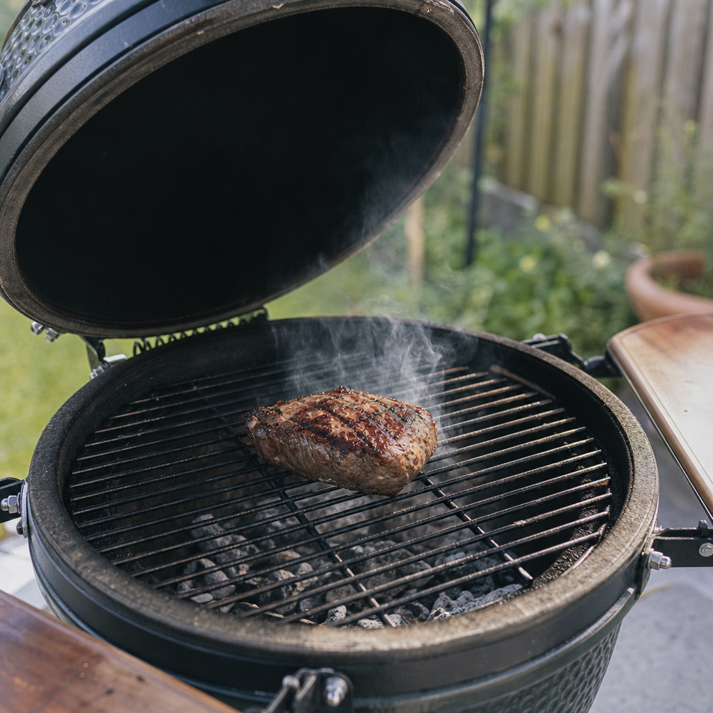 Kogelbiefstuk van rund op de barbecuegrill, schuin van boven