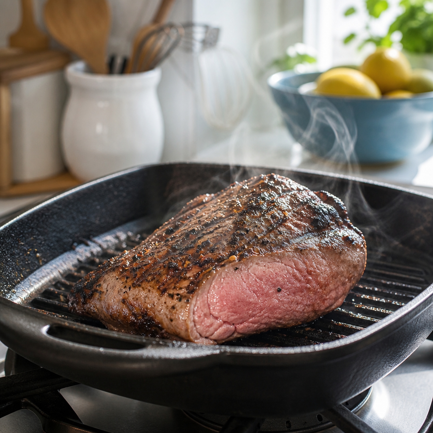 Geroosterde lamsbout zonder been met rosé kern in grillpan