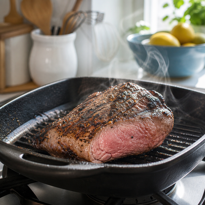 Geroosterde lamsbout zonder been met rosé kern in grillpan