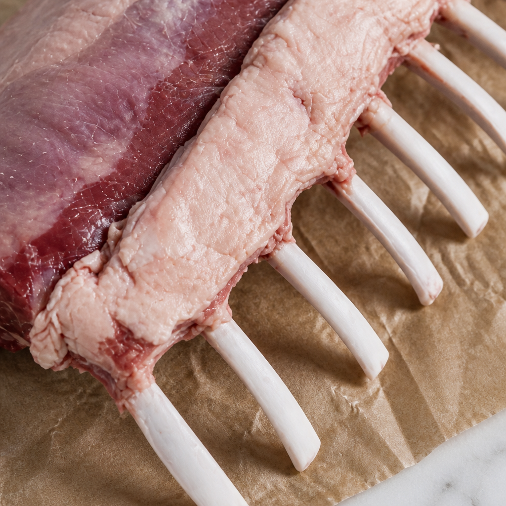 Rauw lamsrack met zichtbare ribben op bruin papier, close-up van het vlees