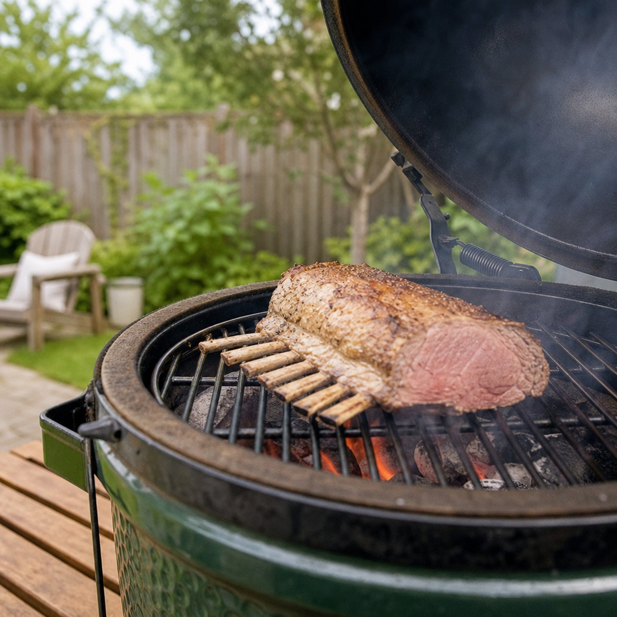 Lamsrack op de BBQ met licht geroosterde korst, deels aangesneden aan de ribben