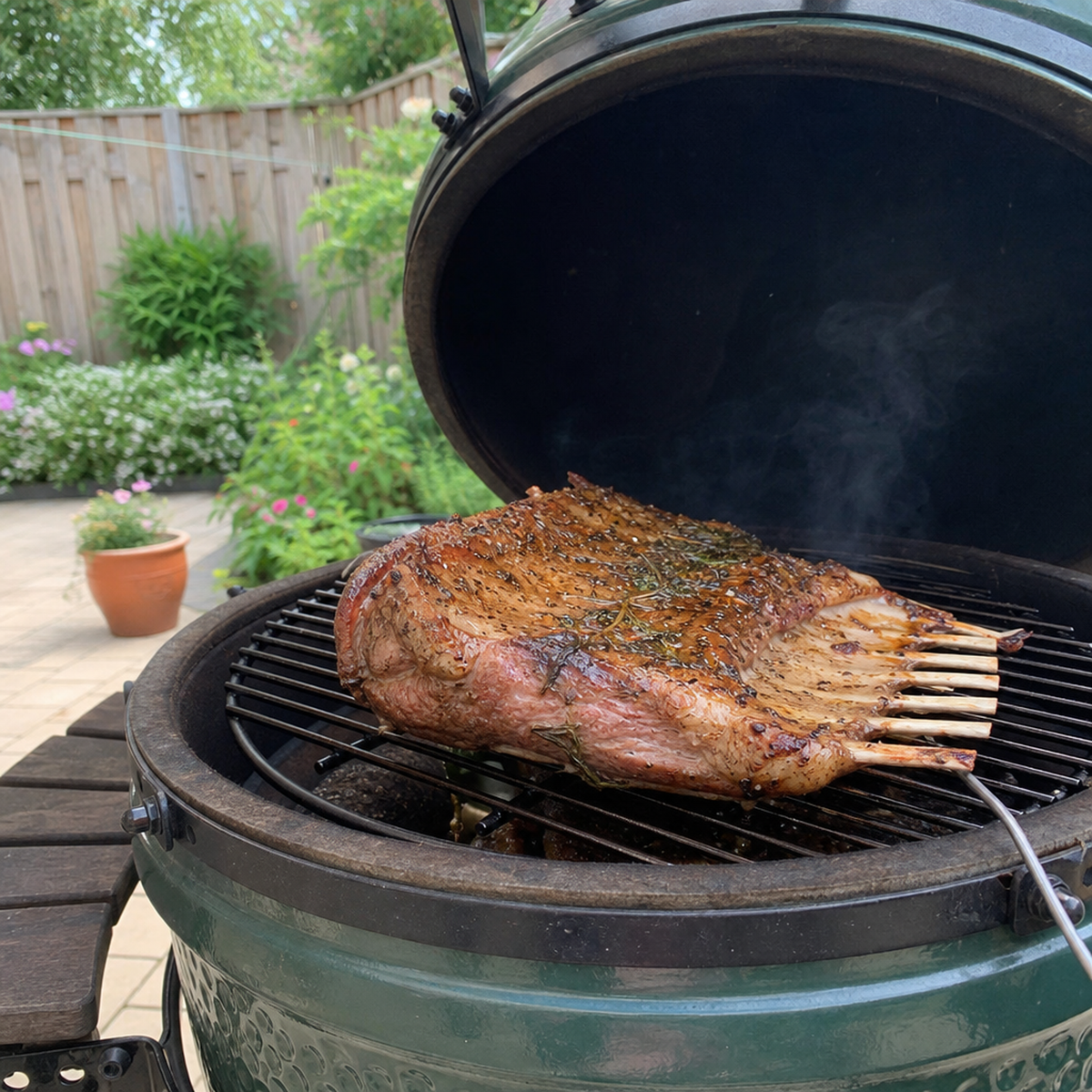 Geroosterd lamsrack op een kamado, met korst en zichtbare botjes