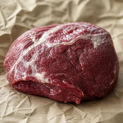 Rauwe lamsrump steak op bruin papier, close-up van boven