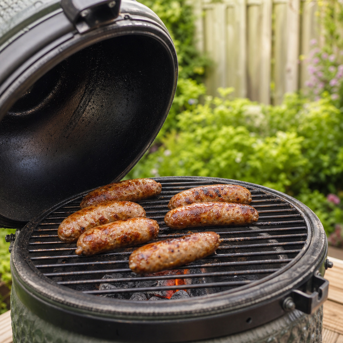 Lamsworstjes bruinend op een open ronde barbecue